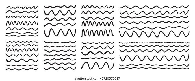 Linhas de onda desenhadas à mão e ziguezague ondulado sublinha acentos horizontais suaves ilustração vetorial