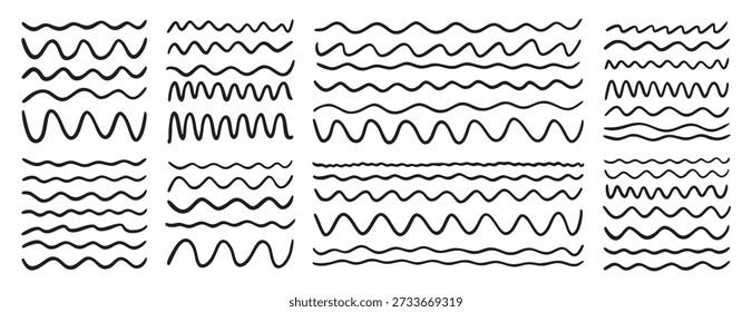Hand drawn wave lines and wavy zigzag underlines smooth squiggly horizontal accents Vector illustration