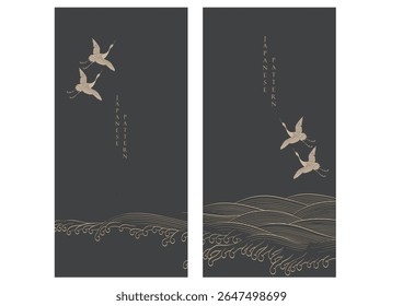 Dibujado a mano ola sobre fondo negro y grúa pájaros decoraciones en estilo vintage. Arte abstracto hojas con diseño de Plantilla de mar océano.