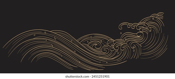 Hand drawn wave pattern with black ocean sea decoration background design in vintage style. Japanese background with Marine template with line pattern.