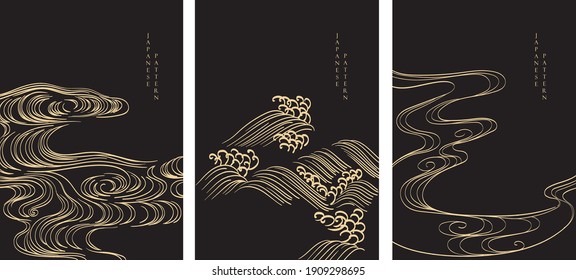 Hand drawn wave pattern with Japanese background vector. Oriental template with gold line pattern in vintage style.