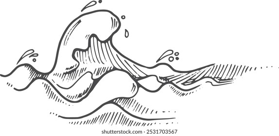 Dibujado a mano ola. Boceto de agua de viento de surf