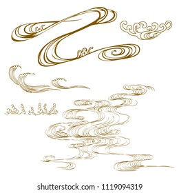 Hand drawn wave vector in Japanese style. Gold ocean icons. 