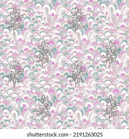 Hand Drawn Waves, Doodle Abstract Seamless Pattern With Line Flowers. Cute Pink Wallpaper For Paper, Fabric Textile, Bedroom, Baby.