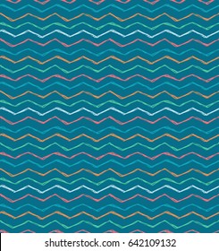 Hand drawn waves, doodle chevrons, seamless pattern, vector
