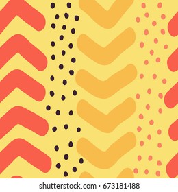 Hand Drawn Waves and Spirals Seamless Pattern Repeating graphic design. Hand drawn elements. Yellow and red bright summer hand drawn pattern.