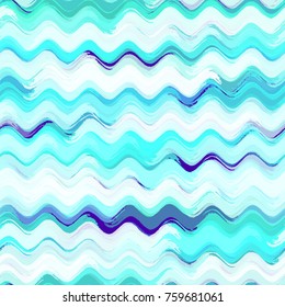 Hand Drawn Waves in Watercolor Style. Marine Seamless Fashion Print Design Pattern. Cover, Fabric Design Texture. Holiday Seamless Striped Background.