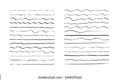 Hand drawn waving doodle lines. Vintage underline border elements, cartoon frame set, pencil grunge decoration. Vector pen stroke sketch