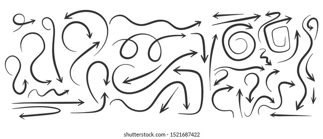 Hand drawn wavy arrows set, different directions symbols. Creative collections of pointers. Doodle and sketch style. Vector image. Isolated on white background.