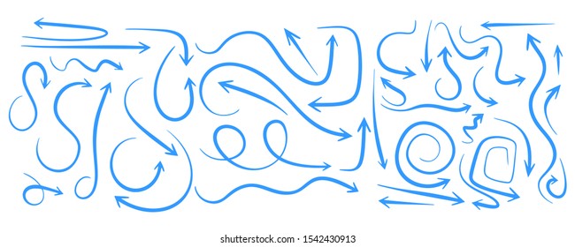 Hand drawn wavy arrows set, different directions symbols. Creative collections of pointers. Doodle and sketch style. Vector image. Isolated on white background.