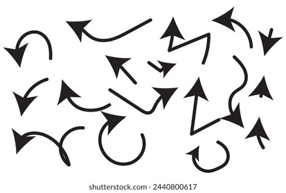 Hand drawn wavy arrows. Set of different pointers. Arrow on isolated white background. Black and white illustration
