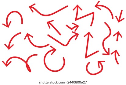Hand drawn wavy arrows. Set of different pointers. Arrow on isolated white background. Black and white illustration