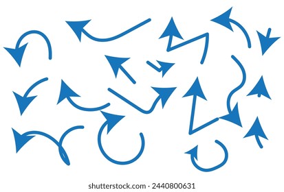 Flechas onduladas dibujadas a mano. Conjunto de punteros diferentes. Flecha sobre fondo blanco aislado. Ilustración en blanco y negro