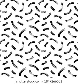 Hand drawn wavy brush strokes vector seamless pattern. Black paint arches with scribbles, abstract ink background. Brushstrokes, smears, lines, squiggle pattern. Abstract wallpaper design, print