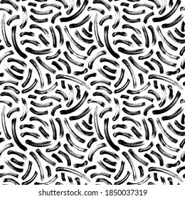 Hand drawn wavy brush strokes vector seamless pattern. Black paint arches with scribbles, abstract ink background. Brushstrokes, smears, lines, squiggle pattern. Abstract wallpaper design, print