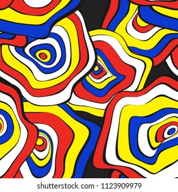 Hand Drawn Wavy Circles. Abstract Seamless Background in Ethnic Style. Vector Psychedelic Pattern with Deformed Rounds. Wave Seamless Pattern for Fabric, Textile, Cloth Design. Distortion, Spots.