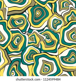 Hand Drawn Wavy Circles. Abstract Seamless Background in Ethnic Style. Vector Psychedelic Pattern with Deformed Rounds. Wave Seamless Pattern for Fabric, Textile, Cloth Design. Distortion, Spots.