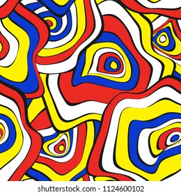 Hand Drawn Wavy Circles. Abstract Seamless Background in Ethnic Style. Vector Psychedelic Pattern with Deformed Rounds. Wave Seamless Pattern for Fabric, Textile, Cloth Design. Distortion, Spots.
