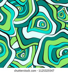 Hand Drawn Wavy Circles. Abstract Seamless Background in Ethnic Style. Vector Psychedelic Pattern with Deformed Rounds. Wave Seamless Pattern for Fabric, Textile, Cloth Design. Distortion, Spots.