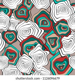 Hand Drawn Wavy Circles. Abstract Seamless Background in Ethnic Style. Vector Psychedelic Pattern with Deformed Rounds. Wave Seamless Pattern for Fabric, Textile, Cloth Design. Distortion, Spots.