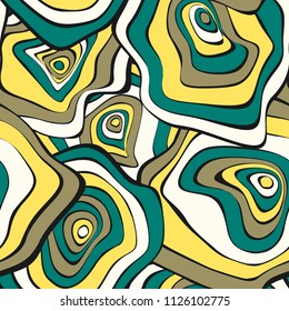 Hand Drawn Wavy Circles. Abstract Seamless Background in Ethnic Style. Vector Psychedelic Pattern with Deformed Rounds. Wave Seamless Pattern for Fabric, Textile, Cloth Design. Distortion, Spots.