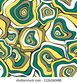 Hand Drawn Wavy Circles. Abstract Seamless Background in Ethnic Style. Vector Psychedelic Pattern with Deformed Rounds. Wave Seamless Pattern for Fabric, Textile, Cloth Design. Distortion, Spots.