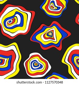 Hand Drawn Wavy Circles. Abstract Seamless Background in Ethnic Style. Vector Psychedelic Pattern with Deformed Rounds. Wave Seamless Pattern for Fabric, Textile, Cloth Design. Distortion, Spots.