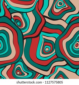 Hand Drawn Wavy Circles. Abstract Seamless Background in Ethnic Style. Vector Psychedelic Pattern with Deformed Rounds. Wave Seamless Pattern for Fabric, Textile, Cloth Design. Distortion, Spots.