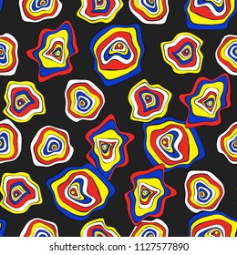 Hand Drawn Wavy Circles. Abstract Seamless Background in Ethnic Style. Vector Psychedelic Pattern with Deformed Rounds. Wave Seamless Pattern for Fabric, Textile, Cloth Design. Distortion, Spots.