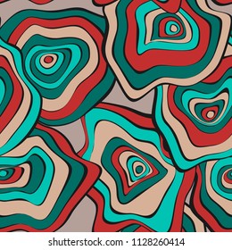 Hand Drawn Wavy Circles. Abstract Seamless Background in Ethnic Style. Vector Psychedelic Pattern with Deformed Rounds. Wave Seamless Pattern for Fabric, Textile, Cloth Design. Distortion, Spots.