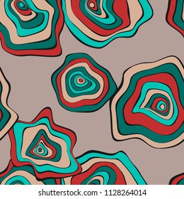 Hand Drawn Wavy Circles. Abstract Seamless Background in Ethnic Style. Vector Psychedelic Pattern with Deformed Rounds. Wave Seamless Pattern for Fabric, Textile, Cloth Design. Distortion, Spots.