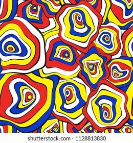 Hand Drawn Wavy Circles. Abstract Seamless Background in Ethnic Style. Vector Psychedelic Pattern with Deformed Rounds. Wave Seamless Pattern for Fabric, Textile, Cloth Design. Distortion, Spots.