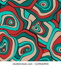Hand Drawn Wavy Circles. Abstract Seamless Background in Ethnic Style. Vector Psychedelic Pattern with Deformed Rounds. Wave Seamless Pattern for Fabric, Textile, Cloth Design. Distortion, Spots.