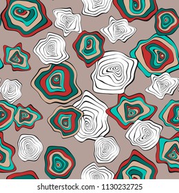 Hand Drawn Wavy Circles. Abstract Seamless Background in Ethnic Style. Vector Psychedelic Pattern with Deformed Rounds. Wave Seamless Pattern for Fabric, Textile, Cloth Design. Distortion, Spots.