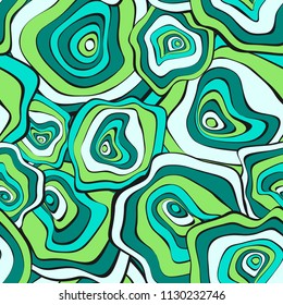 Hand Drawn Wavy Circles. Abstract Seamless Background in Ethnic Style. Vector Psychedelic Pattern with Deformed Rounds. Wave Seamless Pattern for Fabric, Textile, Cloth Design. Distortion, Spots.