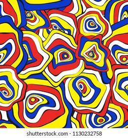 Hand Drawn Wavy Circles. Abstract Seamless Background in Ethnic Style. Vector Psychedelic Pattern with Deformed Rounds. Wave Seamless Pattern for Fabric, Textile, Cloth Design. Distortion, Spots.