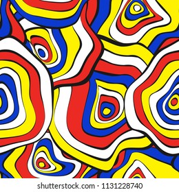 Hand Drawn Wavy Circles. Abstract Seamless Background in Ethnic Style. Vector Psychedelic Pattern with Deformed Rounds. Wave Seamless Pattern for Fabric, Textile, Cloth Design. Distortion, Spots.