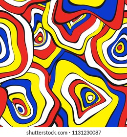 Hand Drawn Wavy Circles. Abstract Seamless Background in Ethnic Style. Vector Psychedelic Pattern with Deformed Rounds. Wave Seamless Pattern for Fabric, Textile, Cloth Design. Distortion, Spots.