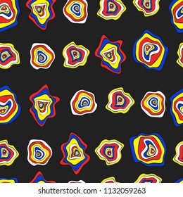 Hand Drawn Wavy Circles. Abstract Seamless Background in Ethnic Style. Vector Psychedelic Pattern with Deformed Rounds. Wave Seamless Pattern for Fabric, Textile, Cloth Design. Distortion, Spots.