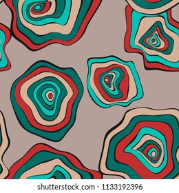 Hand Drawn Wavy Circles. Abstract Seamless Background in Ethnic Style. Vector Psychedelic Pattern with Deformed Rounds. Wave Seamless Pattern for Fabric, Textile, Cloth Design. Distortion, Spots.
