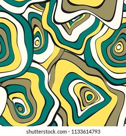 Hand Drawn Wavy Circles. Abstract Seamless Background in Ethnic Style. Vector Psychedelic Pattern with Deformed Rounds. Wave Seamless Pattern for Fabric, Textile, Cloth Design. Distortion, Spots.