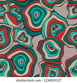Hand Drawn Wavy Circles. Abstract Seamless Background in Ethnic Style. Vector Psychedelic Pattern with Deformed Rounds. Wave Seamless Pattern for Fabric, Textile, Cloth Design. Distortion, Spots.