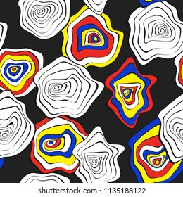Hand Drawn Wavy Circles. Abstract Seamless Background in Ethnic Style. Vector Psychedelic Pattern with Deformed Rounds. Wave Seamless Pattern for Fabric, Textile, Cloth Design. Distortion, Spots.