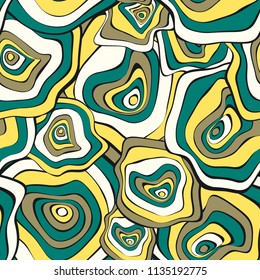 Hand Drawn Wavy Circles. Abstract Seamless Background in Ethnic Style. Vector Psychedelic Pattern with Deformed Rounds. Wave Seamless Pattern for Fabric, Textile, Cloth Design. Distortion, Spots.