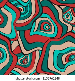 Hand Drawn Wavy Circles. Abstract Seamless Background in Ethnic Style. Vector Psychedelic Pattern with Deformed Rounds. Wave Seamless Pattern for Fabric, Textile, Cloth Design. Distortion, Spots.