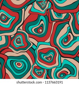 Hand Drawn Wavy Circles. Abstract Seamless Background in Ethnic Style. Vector Psychedelic Pattern with Deformed Rounds. Wave Seamless Pattern for Fabric, Textile, Cloth Design. Distortion, Spots.