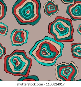 Hand Drawn Wavy Circles. Abstract Seamless Background in Ethnic Style. Vector Psychedelic Pattern with Deformed Rounds. Wave Seamless Pattern for Fabric, Textile, Cloth Design. Distortion, Spots.