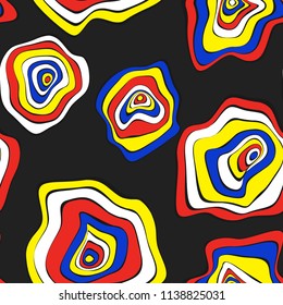 Hand Drawn Wavy Circles. Abstract Seamless Background in Ethnic Style. Vector Psychedelic Pattern with Deformed Rounds. Wave Seamless Pattern for Fabric, Textile, Cloth Design. Distortion, Spots.