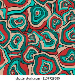 Hand Drawn Wavy Circles. Abstract Seamless Background in Ethnic Style. Vector Psychedelic Pattern with Deformed Rounds. Wave Seamless Pattern for Fabric, Textile, Cloth Design. Distortion, Spots.