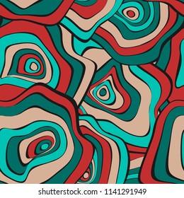 Hand Drawn Wavy Circles. Abstract Seamless Background in Ethnic Style. Vector Psychedelic Pattern with Deformed Rounds. Wave Seamless Pattern for Fabric, Textile, Cloth Design. Distortion, Spots.